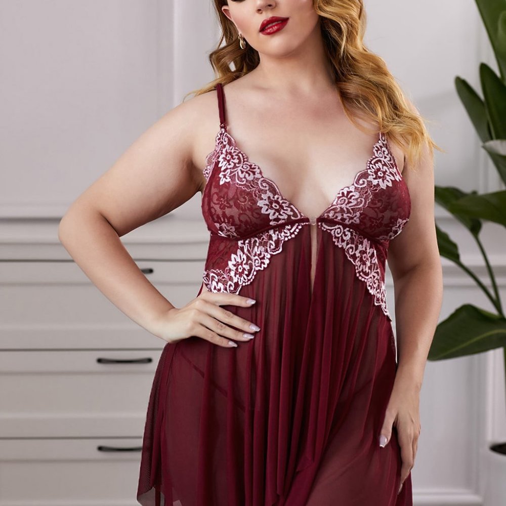 Wine Red Lace Stitching Sheer Tulle Plus Size Babydoll Lingerie - Picture 4 of 6